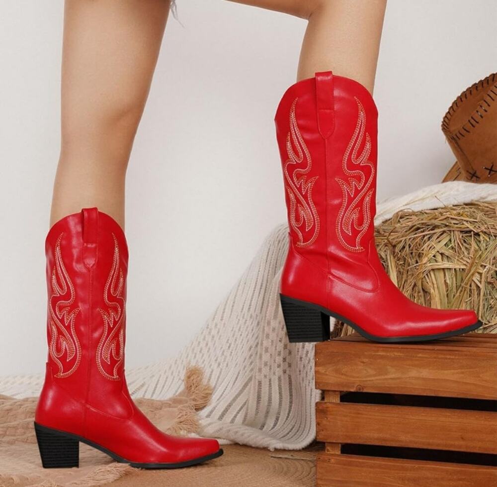Dm. MSRP $53 NWOB PASUOT RED RETRO MID CALF COWBOY BOOTS ♡ SIZE 8 ♡